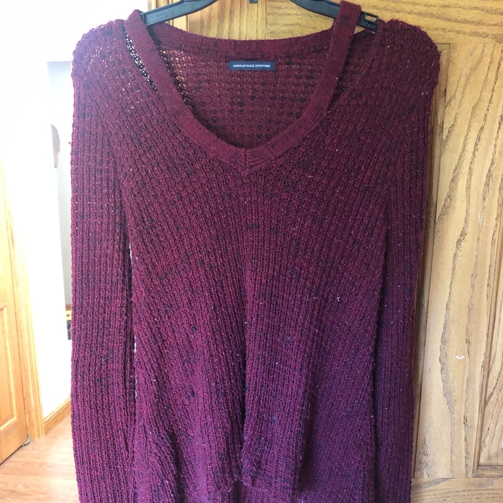 Maroon sweater vneck split at shoulders